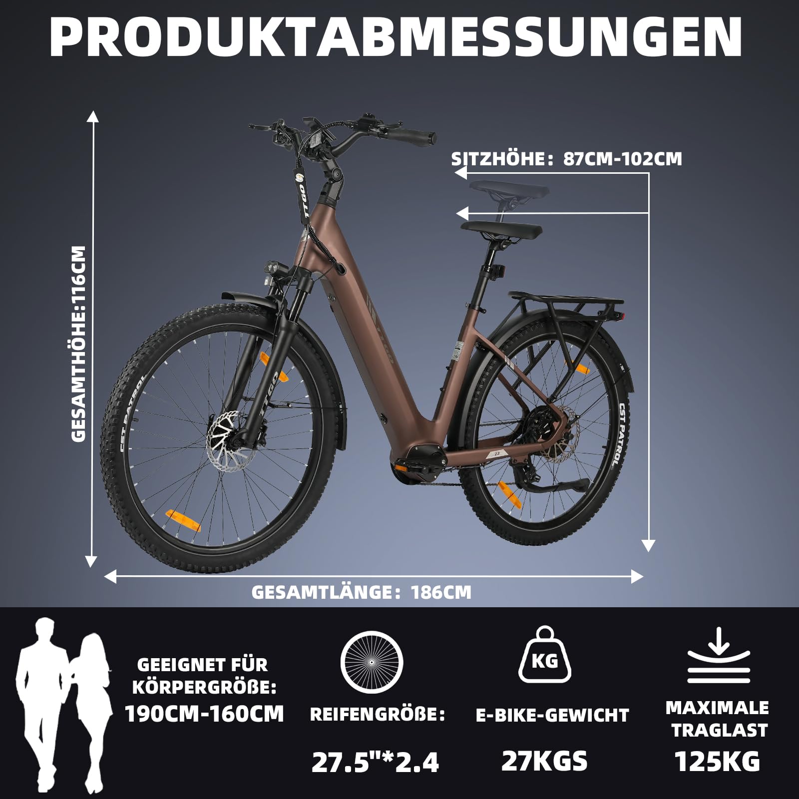 ttgo Z3 27.5Zoll E-Bike, für Damen & Herren, Pedelec mit 48V 15Ah Akku, bis 120 km Reichweite, 250W Heckmotor 70Nm, Shimano 7-Gang, hydraulische Scheibenbremsen, StVZO, 6061 Alu-Rahmen
