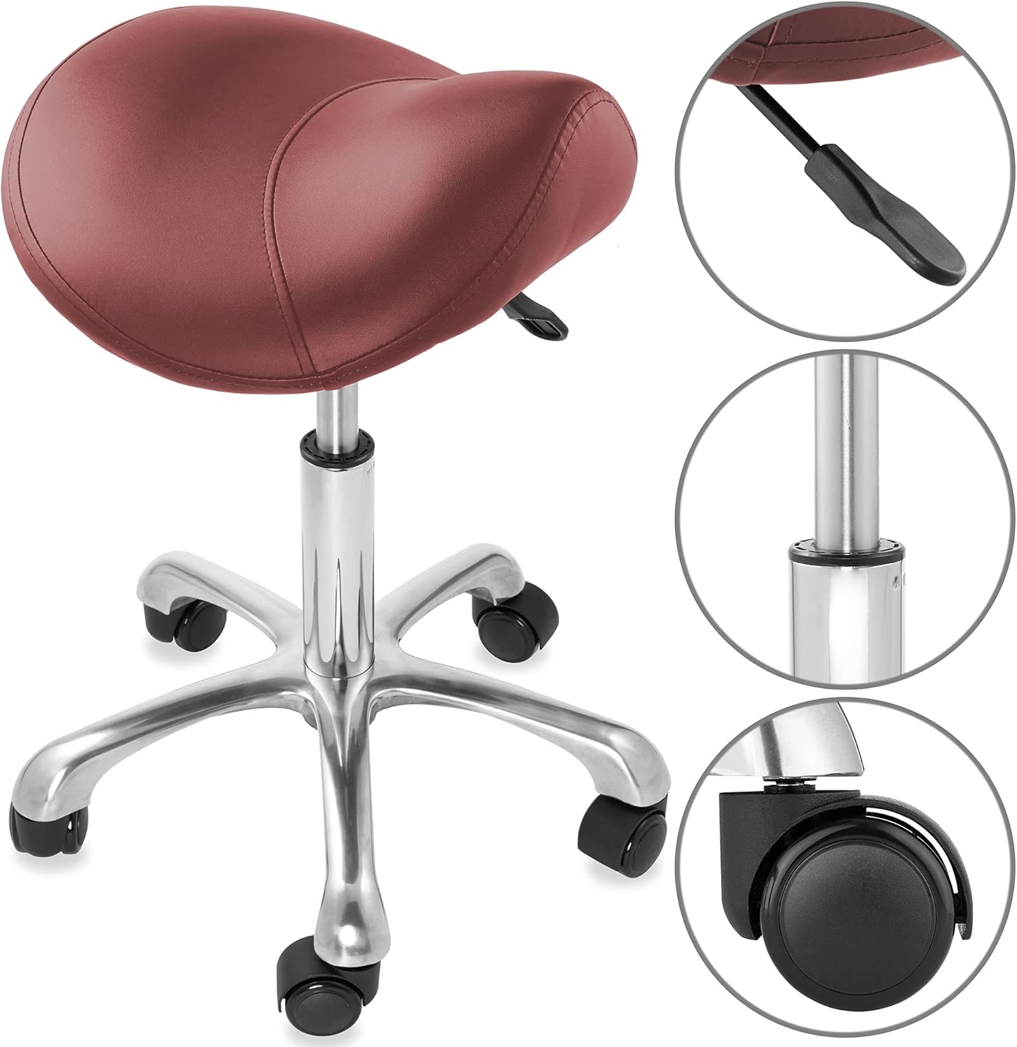 Saloniture Professional Ergonomic Saddle Stool, Burgundy - Adjustable Hydraulic Seat, Rolling Spa Salon, Massage, and Medical Office Chair with Swivel Wheels