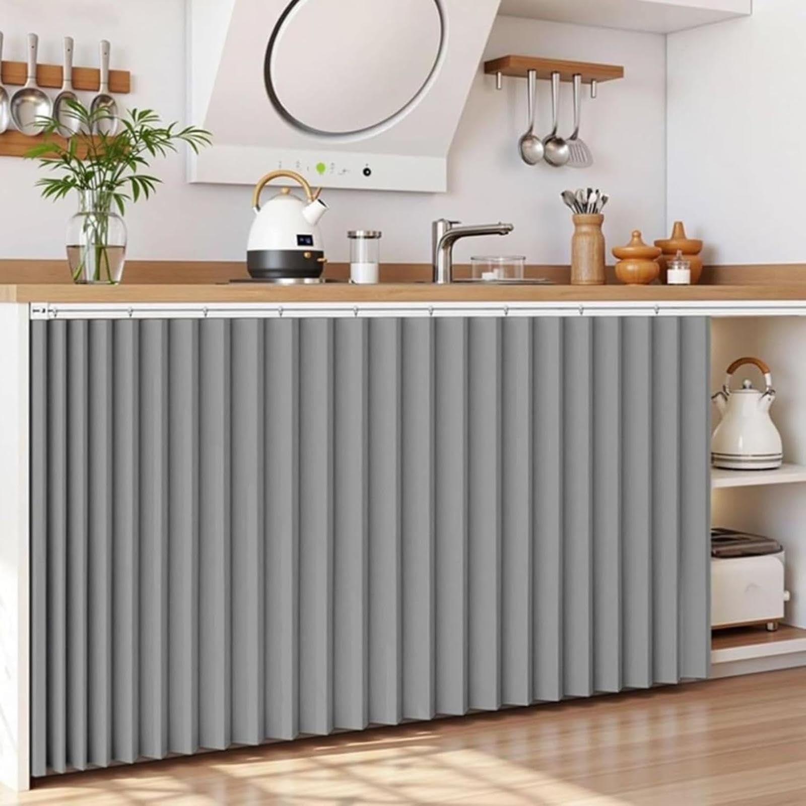 YZBZNG Cupboard Curtain Short Kitchen Curtain Dustproof Waterproof Blackout Privacy Panel Accordion Folding Design With Sliding Rail for Bathroom Pantry Wardrobe Shelves,Grey-W50cm/H90cm