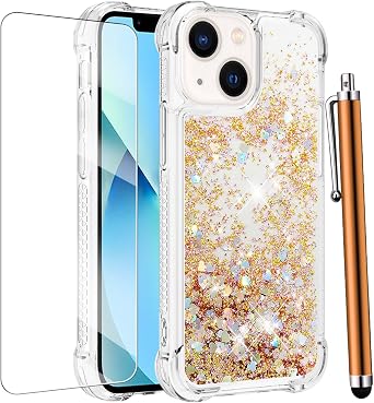 for iPhone 15 Case Glitter with Screen Protector, Cute Gold