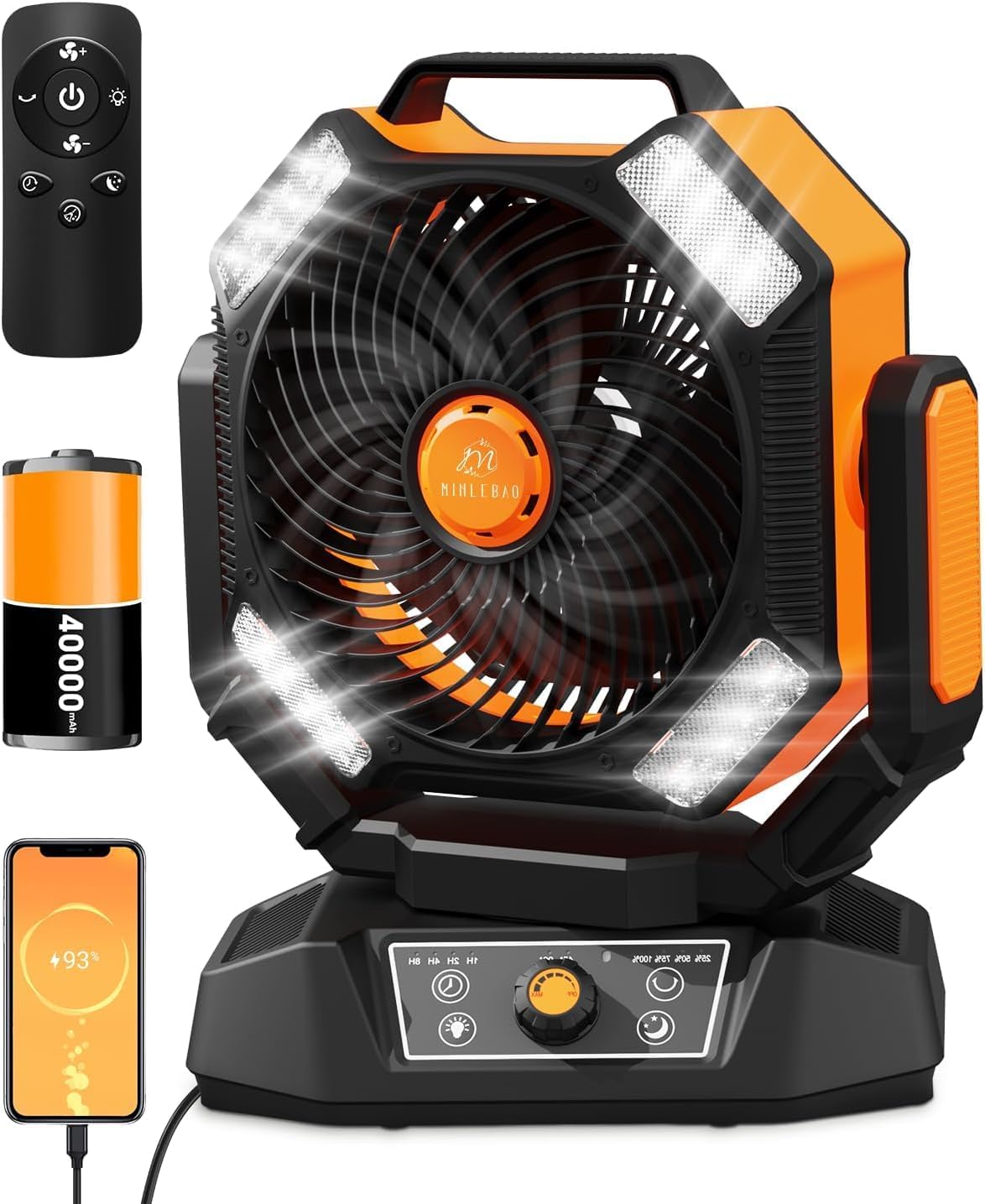 40000mAh Battery Operated Fan, Portable Camping Fan with 4 LED Lantern, 8 Speeds DeskFan with Remote, Portable Rechargeable Fans with Hook for Camping Tent, Power Outages