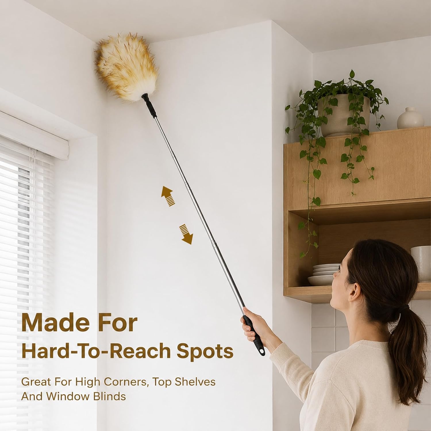 Lambswool Extendable Cleaning Duster 26-54 Inch, Stainless Steel Pole, Soft Non-Slip Handle, Washable & Reusable for High Ceiling Fans, Blinds, Furniture - Yellow & White