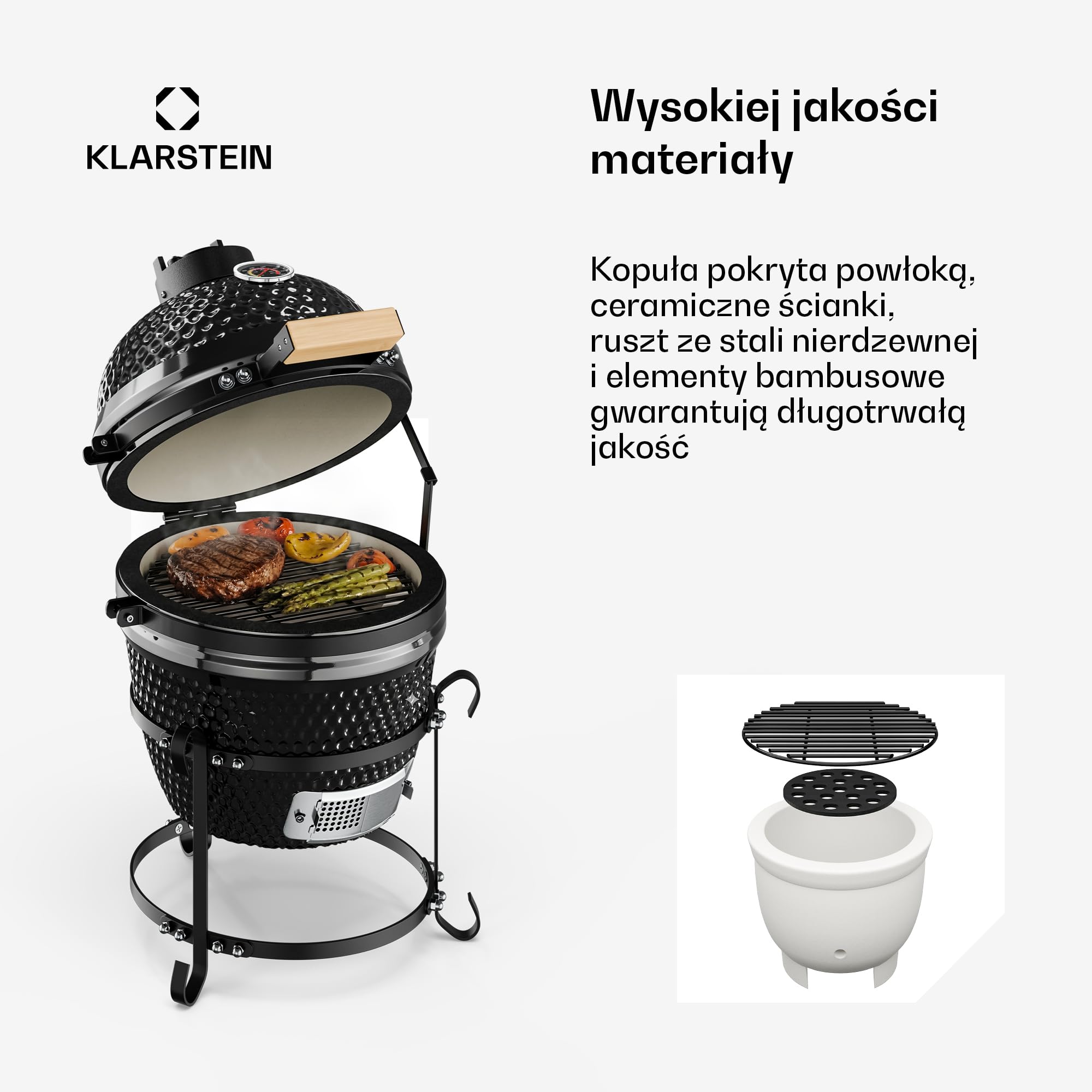 Klarstein Princesize grill Kamado, ceramiczny grill na węgiel drzewny, z pokrywką, ceramika, dobre magazynowanie ciepła, termometr wewnętrzny, drewniany uchwyt, zdejmowany stelaż, czarny