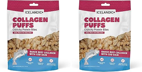 Icelandic+ Colágeno Puffs Colágeno de carne horneada con piel de bacalao de 1.3 onzas  Golosinas para perros pequeños, bocadillos crujientes de