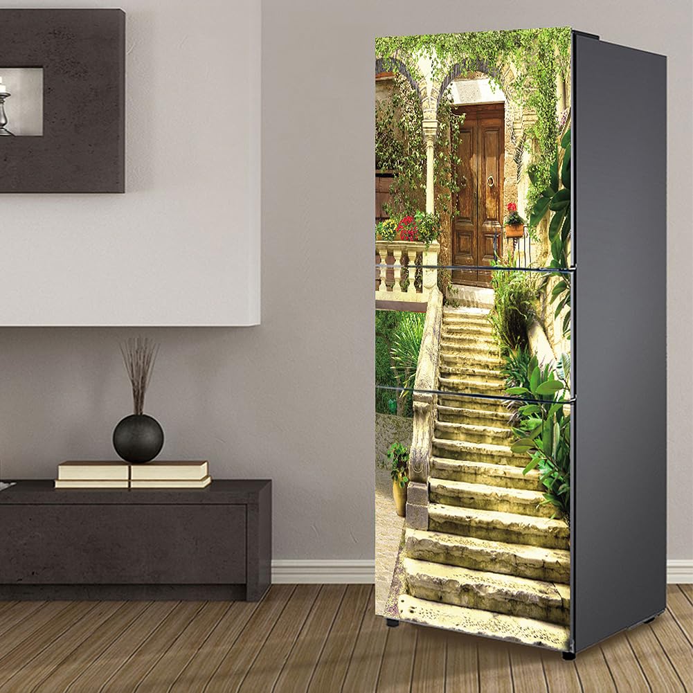 Myxjx One Color Fridge Wrap, Full Covering Door Fridge Covers Skins Wall Stickers For Kitchen Decal, Retro Step In French Courtyard