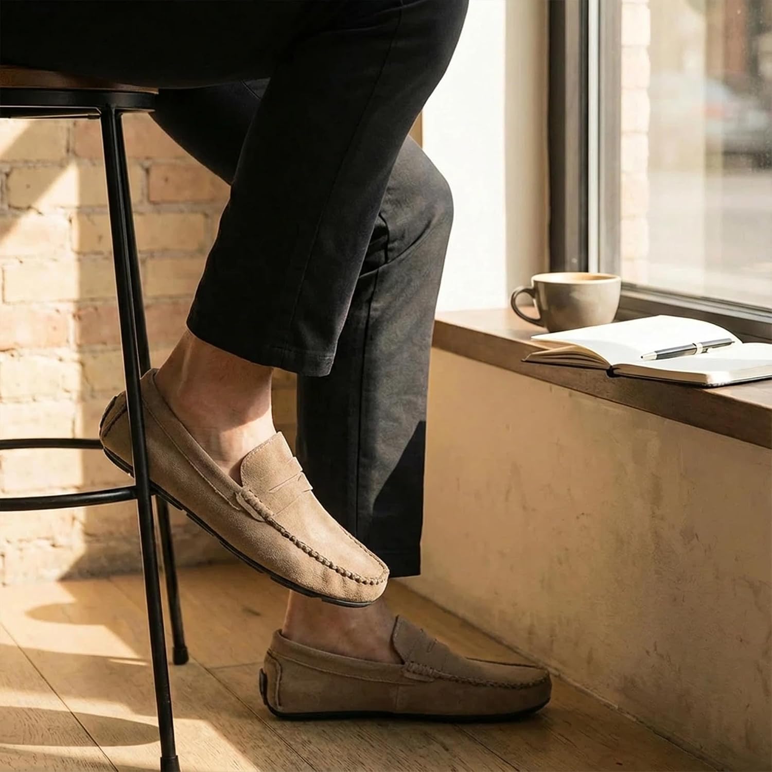 Men's Suede Penny Loafers Slip-On Driving Moccasins Casual Flat Shoes Hand Stitching Work Boat Shoes