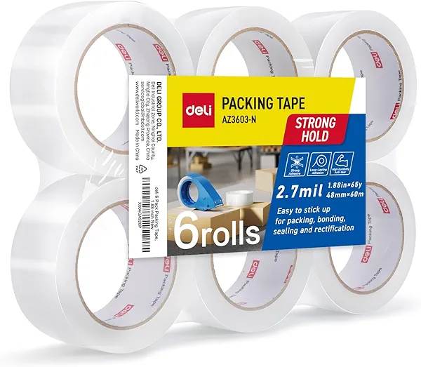deli Heavy Duty Packing Tape 6 Rolls, Clear Packing Tape for Shipping Packaging Moving Sealing, 2.7mil Thick, 1.88 inches Wide, 65 Yards Per Roll, 390 Total Yards
