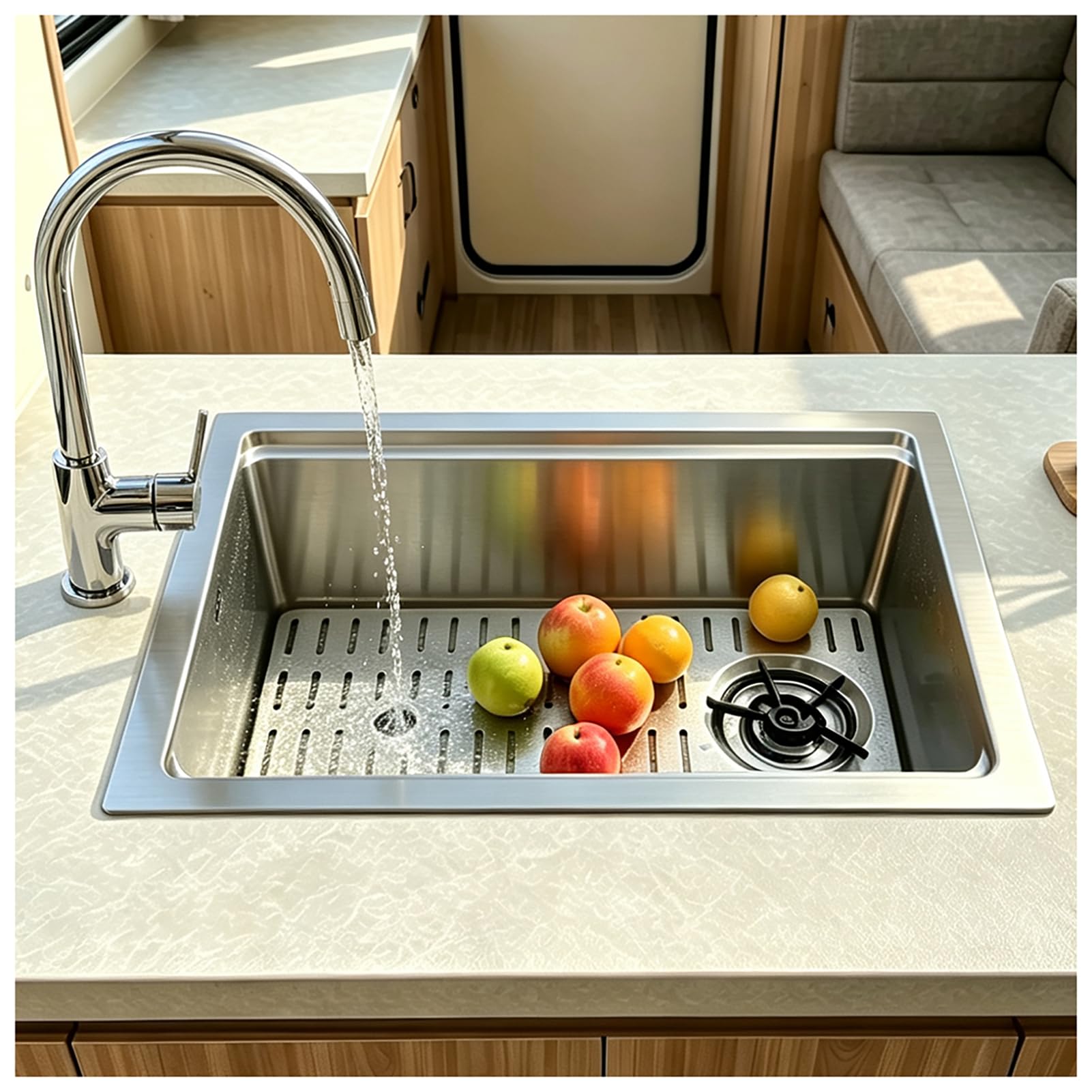 JUNFUNNLE Kitchen Sink, Stainless Steel Large Basin, 1 Basin, Built-in Sink, Kitchen Sink with Stainless Steel Grid, Draining Rack, Drain Fitting and Overflow Kit (Silver-G, YINSEG-48 cm)