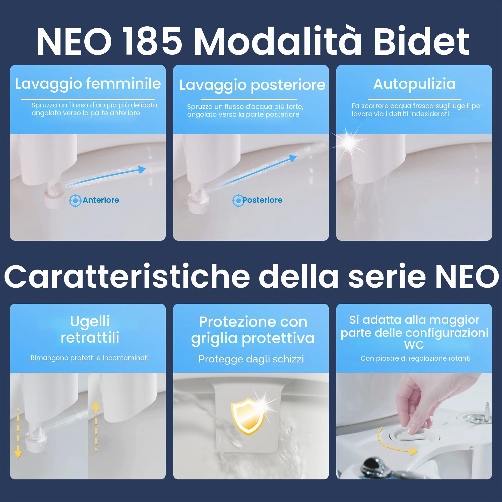 LUXE Bidet, NEO 185, attacco bidet non elettrico per sedile WC, autopulente, doppio ugello, pressione dell'acqua regolabile, modalità di lavaggio posteriore e femminile, blu