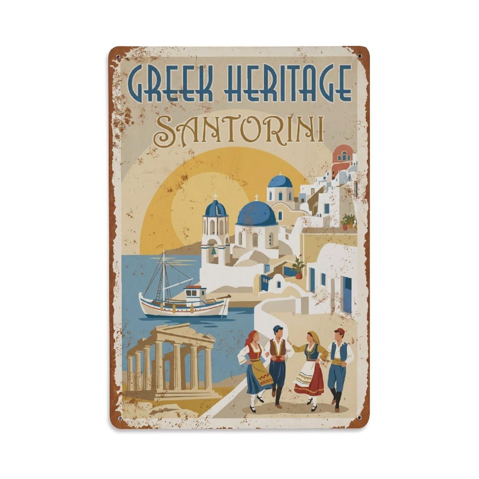 Gead 8X12inch Style Vintage Travel Santorini Greek Heritage Metal Tin Sign