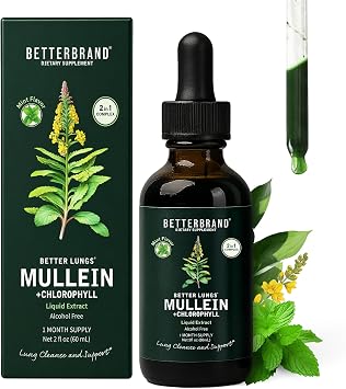 Betterbrand Mullein Drops for Lung Detox Mint Flavor Mullein Leaf Tincture with Chlorophyll Supports Respiratory Wellness, Alcohol-Free, 1 Month Supply, 60ml Limited Batch