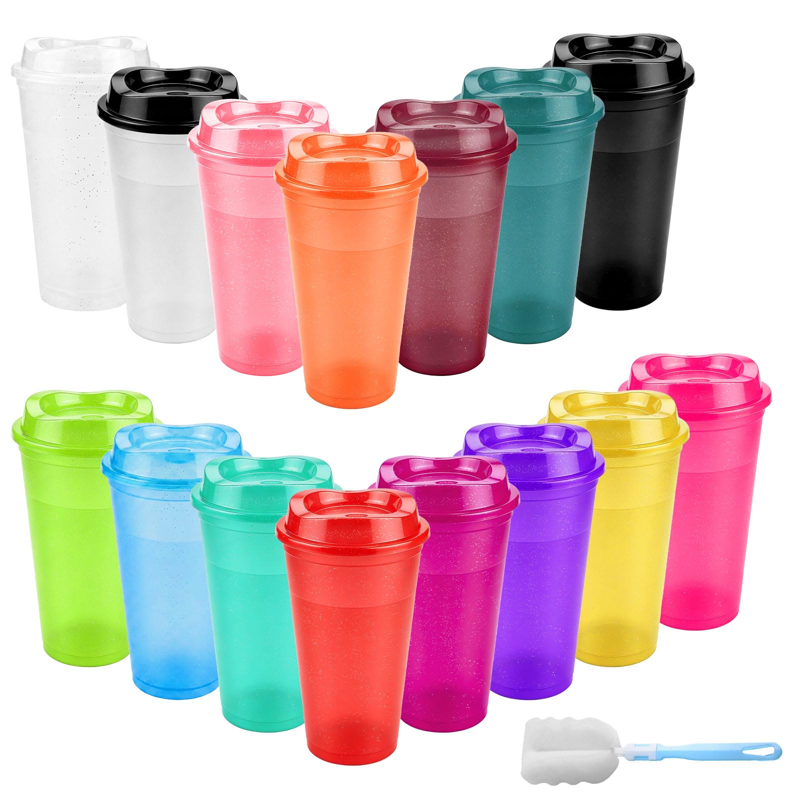 15Pcs Reusable Coffee Cups with Lids - 16 oz Plastic Tumblers to Go Ice Coffee Cups Bulk Plastic Travel Mugs for Slushie and Cold Drinks Smoothie, Home, Car, Beach, Camping & Party - Glitter Colorful