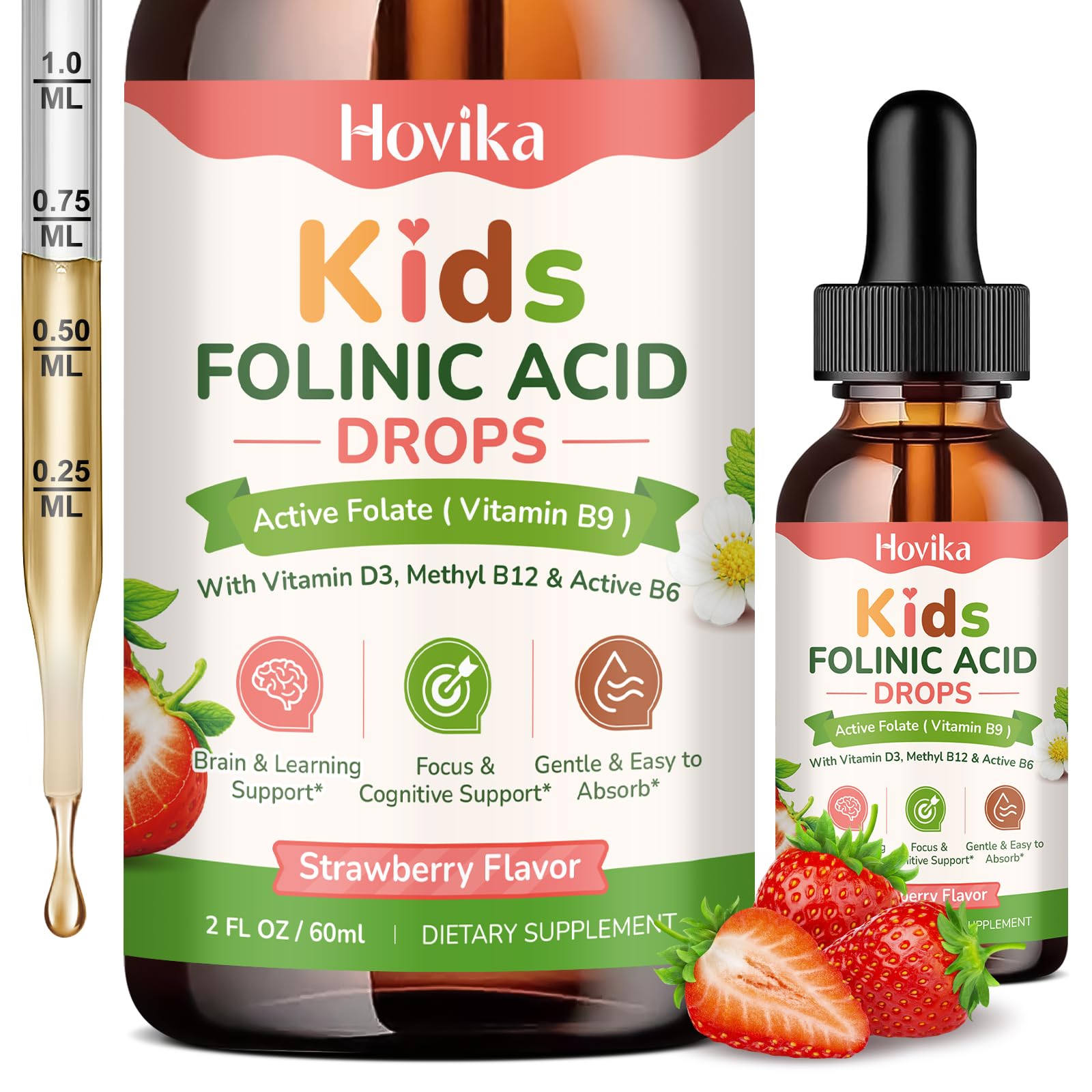 Kids Folinic Acid Drops with Active Folate, Folic Acid Alternative for Kids, Citicoline, Dual Active B12, Vitamin D3, P5P B6 & R5P B2, Brain, Learning, Focus & Mood Support, Strawberry, 2 Fl Oz Strawberry 2 Fl Oz (Pack of 1)
