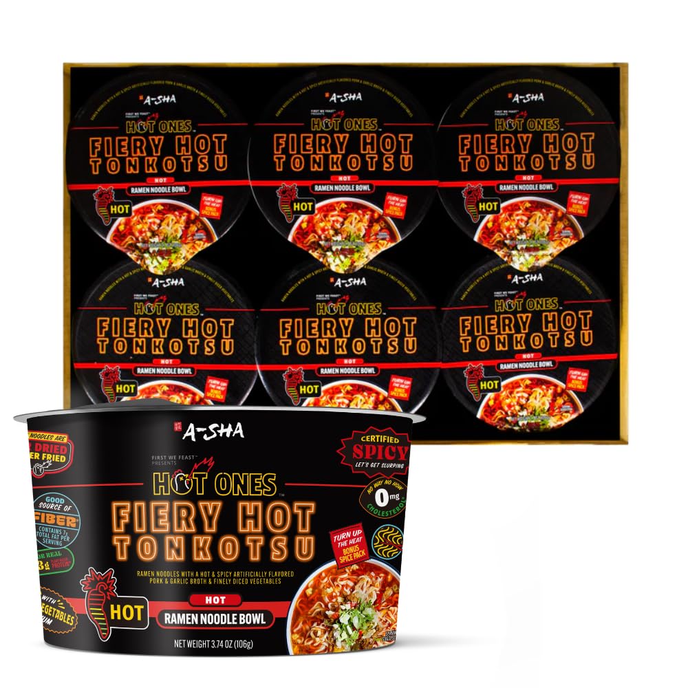A-Sha x Hot Ones Spicy Ramen Noodle Soup Bowl, 6 Pack, Fiery Hot Tonkotsu Flavor, Premium Microwaveable Ramen Soup Mix, 12g Plant-Based Protein
