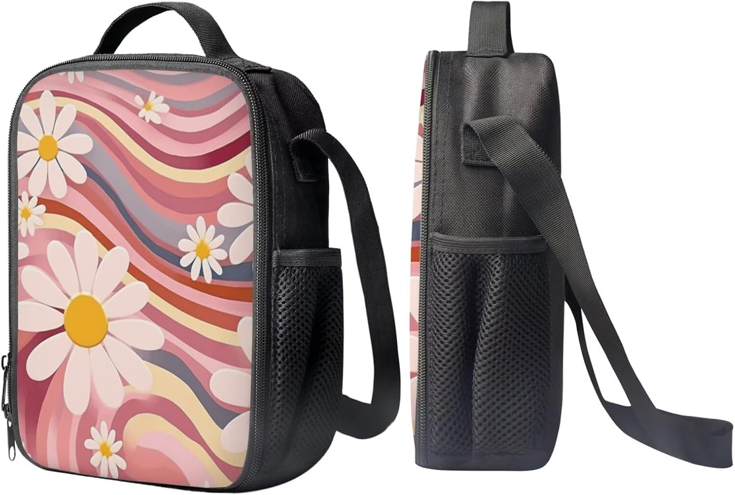 Wavy Line Floral Daisy Backpack for School Girls Student Durable Lightweight Comfy Padded Personalized Pink Cute Backpack with Lunch Box Pencil Case Kids Teen Girls Daily Outing 17 Inch Book Bag