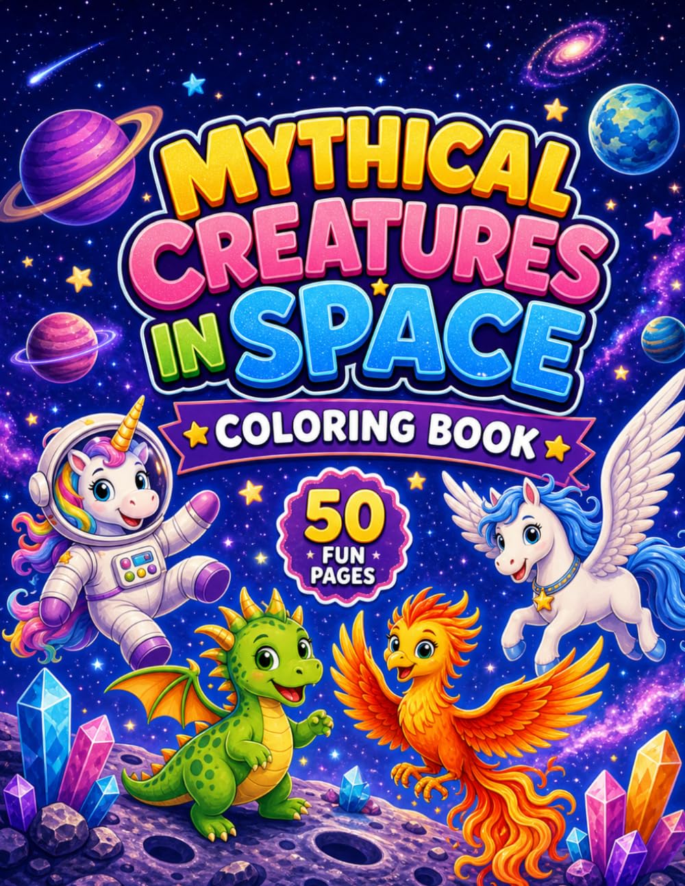 Mythical Creatures in Space Coloring Book: 50 Fun Pages