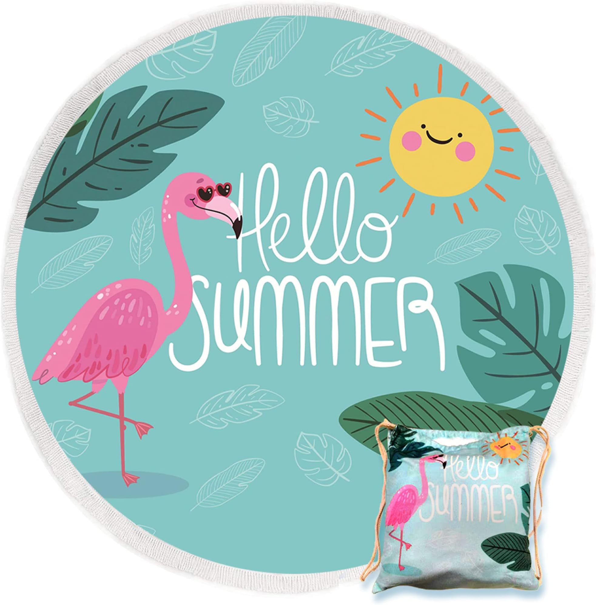 ABOUND LIFESTYLELarge Round Microfiber Beach Towel Blanket with Tassels, Soft Absorbent Fast Dry, Comes with Matching Backpack (59''59'')… (Flamingo)