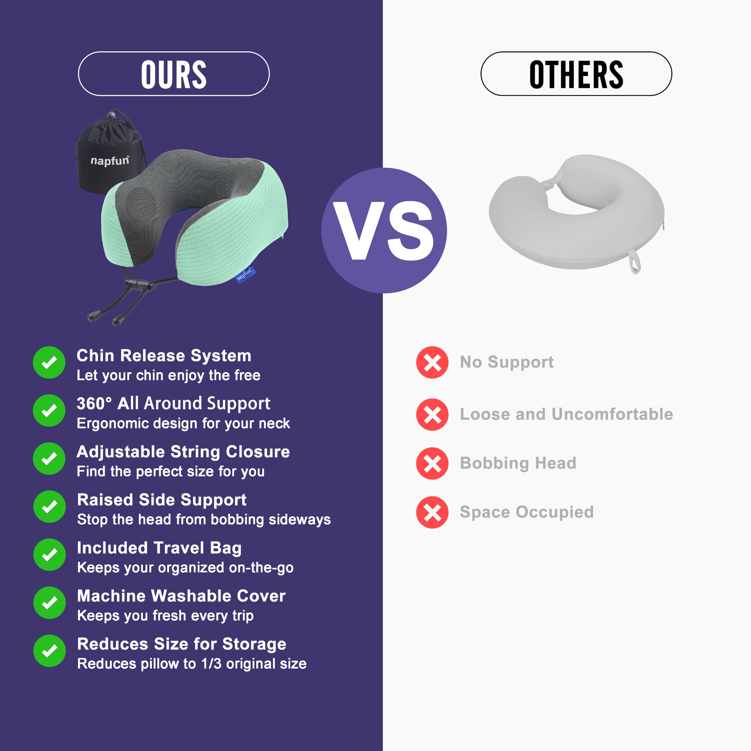 napfun Neck Pillow for Travel, Memory Foam Airplane Pillow, Turquoise view 4
