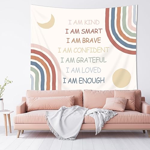 Imirell Tapiz bohemio arcoíris de 59 pulgadas de ancho x 51 pulgadas de alto, citas inspiradoras positivas, motivacionales, para aula, luna, sol,