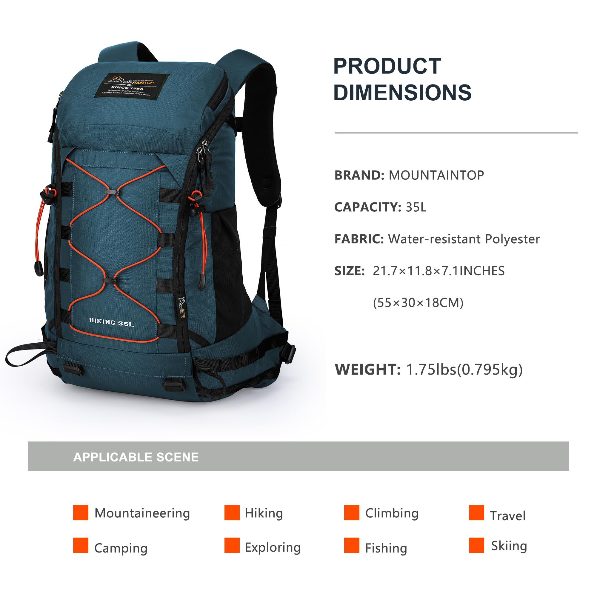 Mountaintop 35L Wanderrucksack Herren Damen Reiserucksack Trekkingrucksack Outdoor Rucksäcke mit Regenhülle für Camping Wandern Radfahren Tagesausflüge, 55x30x18cm