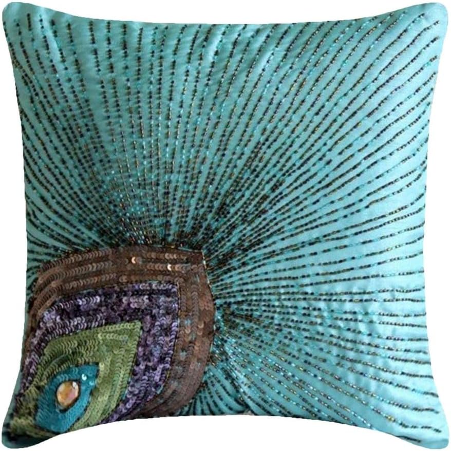 The HomeCentric Aqua Blue Peacock Feather Sequins Beaded Sparkly Glitter Pillow Cover, 18x18 inch (45x45 cm) Square Silk Throw Pillow Cover for Living Room, Bedroom, Home Office