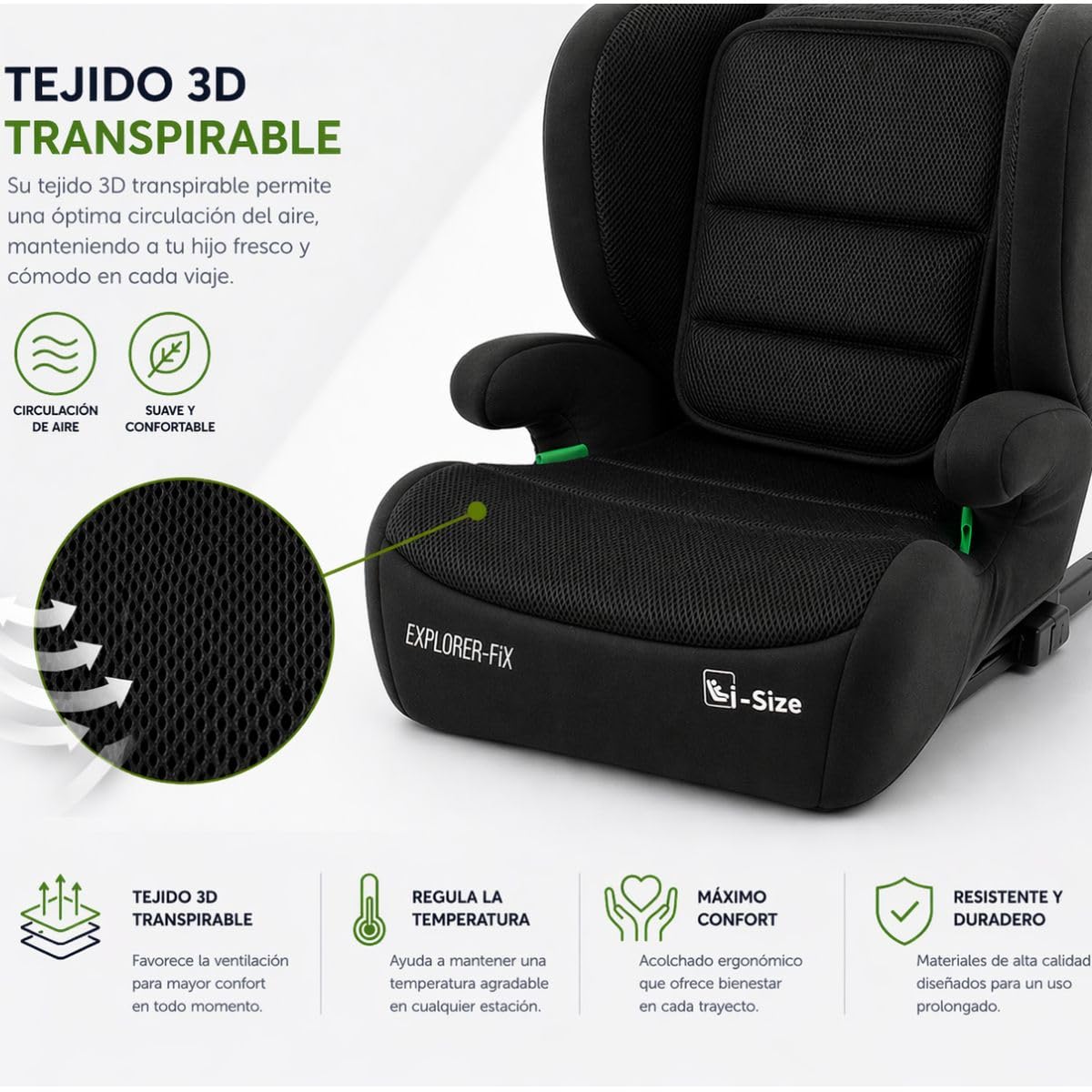 First Step Explorer Fix Silla Coche Niño i-Size (100-150 cm), Grupo 2/3 ISOFIX, Reposacabezas 13 Posiciones, Reclinable, Protección Lateral SPS, De 3,5 a 12 Años, Convertible en Alzador, Negro