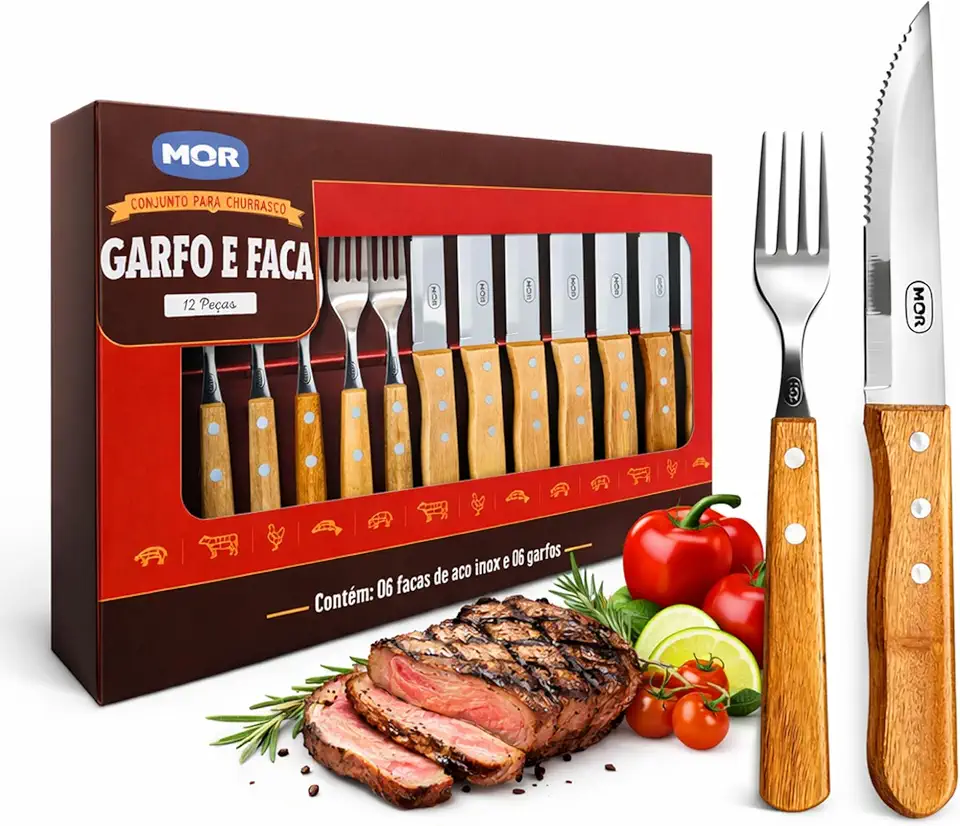Conjunto de talheres para churrasco 12 Peças Jumbo Garfo e Faca Inox Cabo em Madeira - Marca Mor