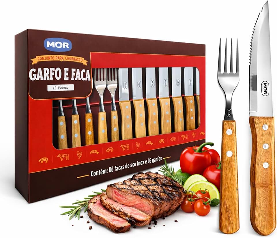 Conjunto de talheres para churrasco 12 Peças Jumbo Garfo e Faca Inox Cabo em Madeira - Marca Mor