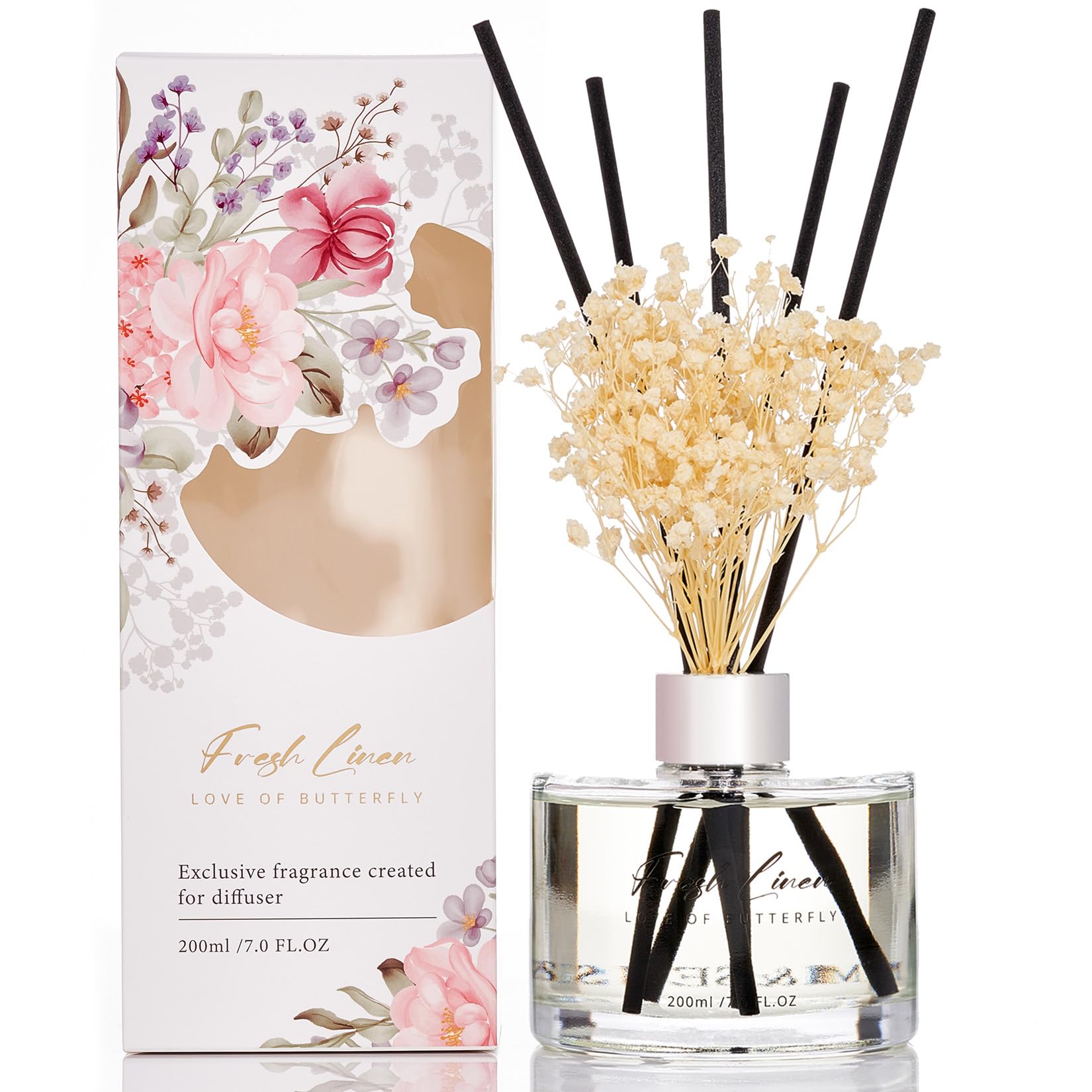 M&SENSE Reed Diffuser Set with 7 Sticks | 7.0oz Fresh Linen & Lemon Scent, Home Fragrance Flame Free Diffuser for Housewarming Gifts, Long Lasting Room Fresheners Shelf Décor with Flower