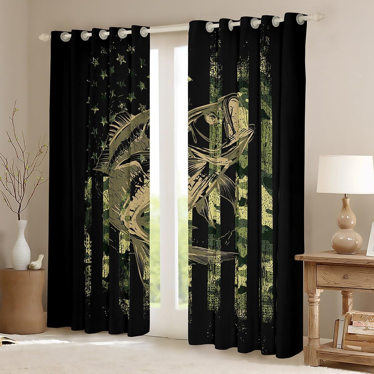 Feelyou Green Black Camouflage Window Curtains Fish Camo American Flag Curtains for Bedroom Men Farmhouse Fishing Decor Blackout Curtains(30-50%) Wild Window Drapes (2 Panels, 42 x 63 Inch)