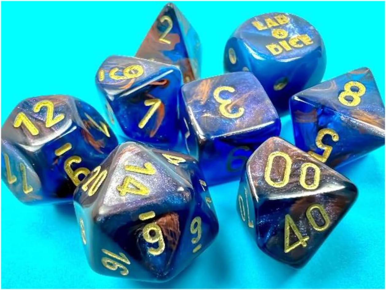 Azurite Lustrous Dice with Gold Numbers 7+1 Dice Set 16mm (5/8in) Chessex