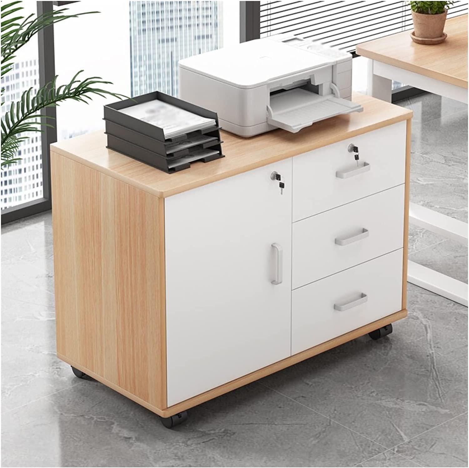 GenSDH Modern Home Office Storage File Cabinet with Drawers and Wheels Log Color Mobile Horizontal File Cabinet with Printer Bracket