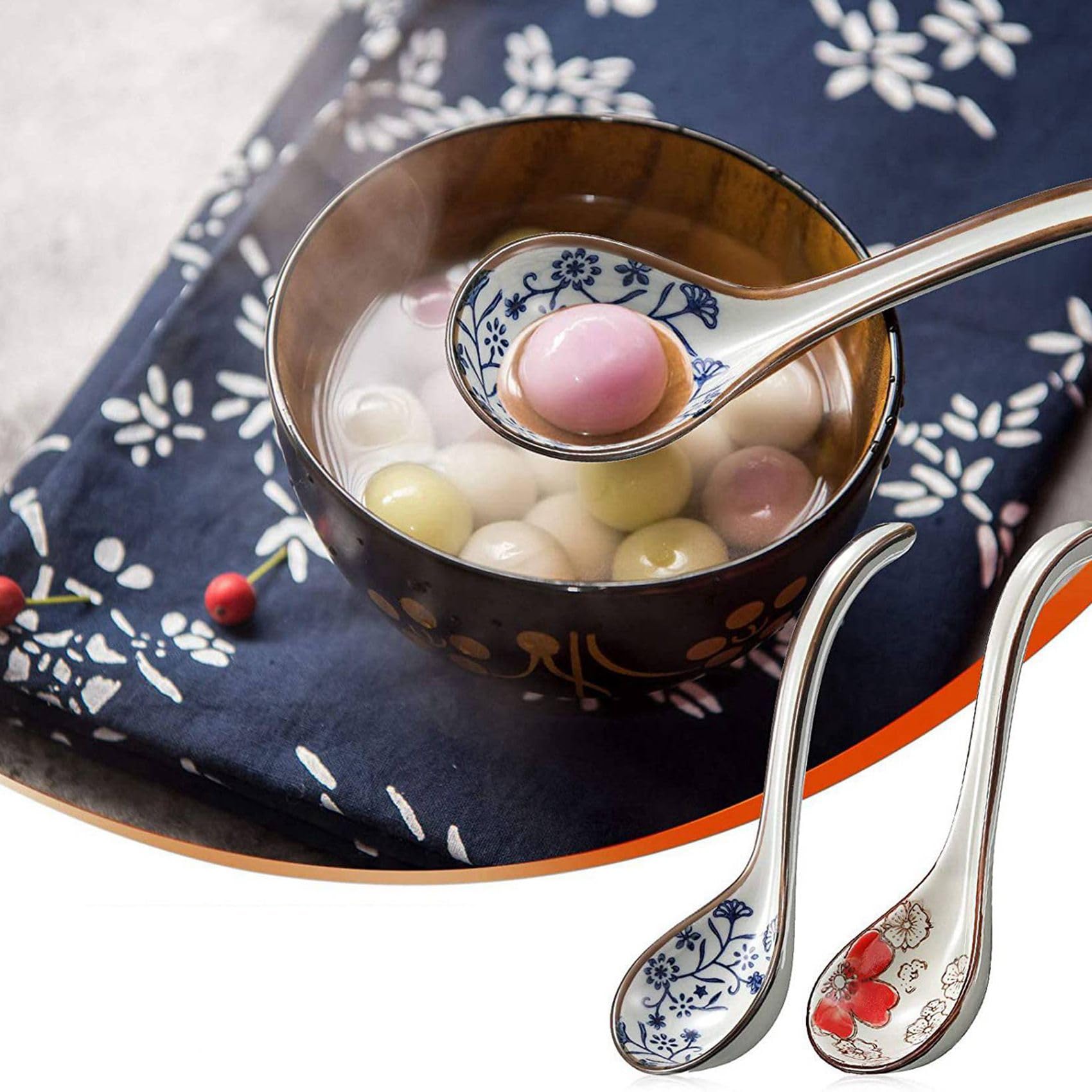 16 PièCes CuillèRes à Riz en CéRamique Chinoise RéTro Asiatique PoignéE CourbéE CuillèRe à Soupe Ramen CuillèRes à Fleurs Peintes à Long Manche