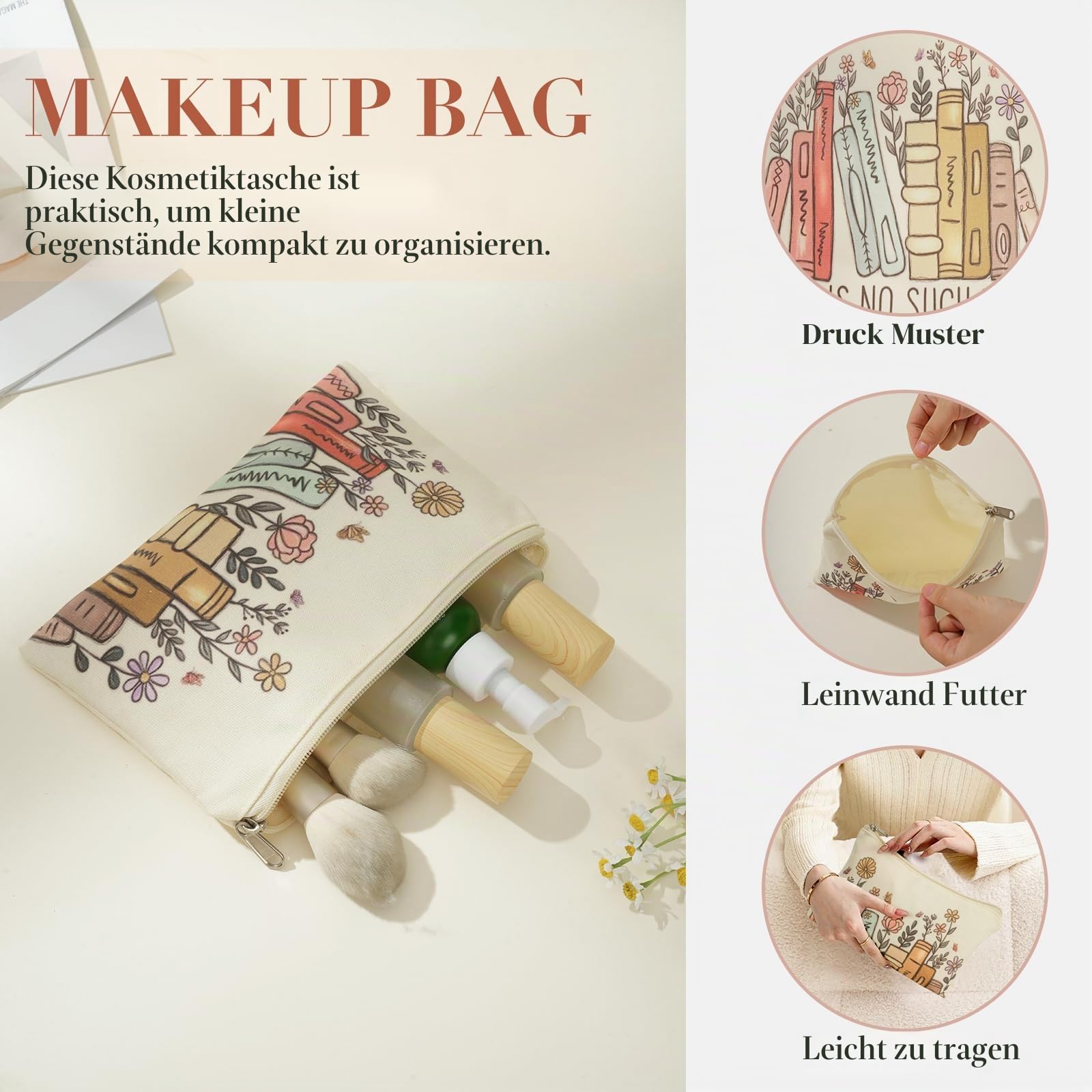 BROADREAM Canvas-Tragetasche für Mädchen, große Umhängetasche mit Reißverschluss und Kosmetiktasche
