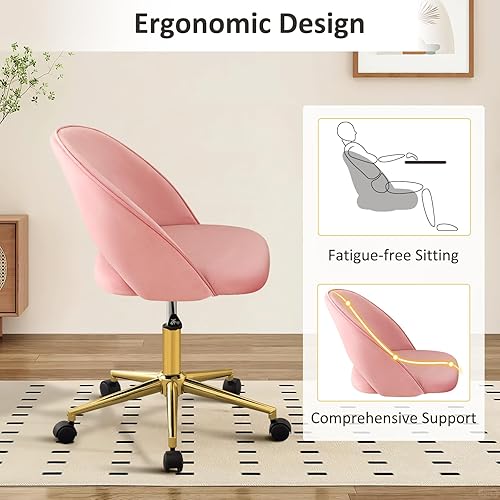 Miniatura 6 de Furniliving Silla de tocador rosa, bonitas sillas de escritorio para niñas con respaldo, silla decorativa tapizada con ruedas para sala de estar,
