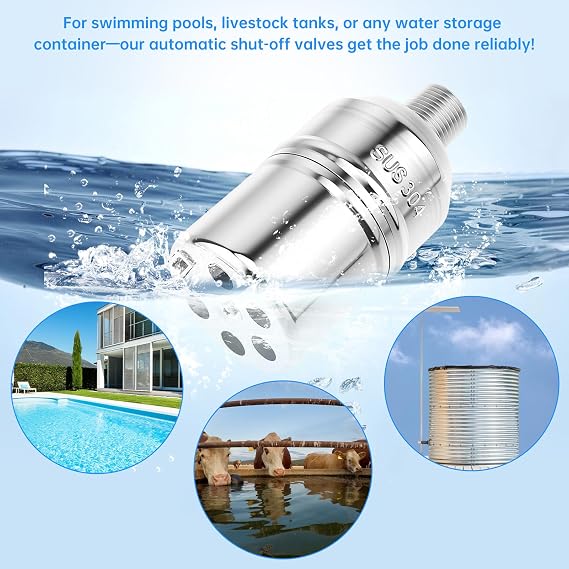 2 Pack Float Valve, 1/2 3/4 304 Stainless Steel Automatic Water Level Control Valve, Auto Shut Off Float Valve with Adapters Washers Tape for Water Tank, Livestock Trough, Fish Pond