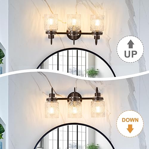 Miniatura 4 de 3 luces de tocador de baño, bronce aceitado con pantalla de vidrio martillado para tocador, sobre espejo, pasillo