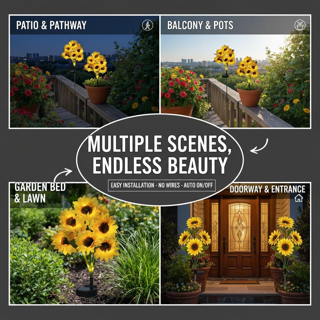 FOFOWHAT Sunflower Solar Lights Outdoor Garden Decor - 5 Pack with 30 Waterproof Sunflower Lights, Xmas Gifts for Mom Women, Outside Sun Flower Decorative Stakes Light for Landscape Yard Patio Lawn