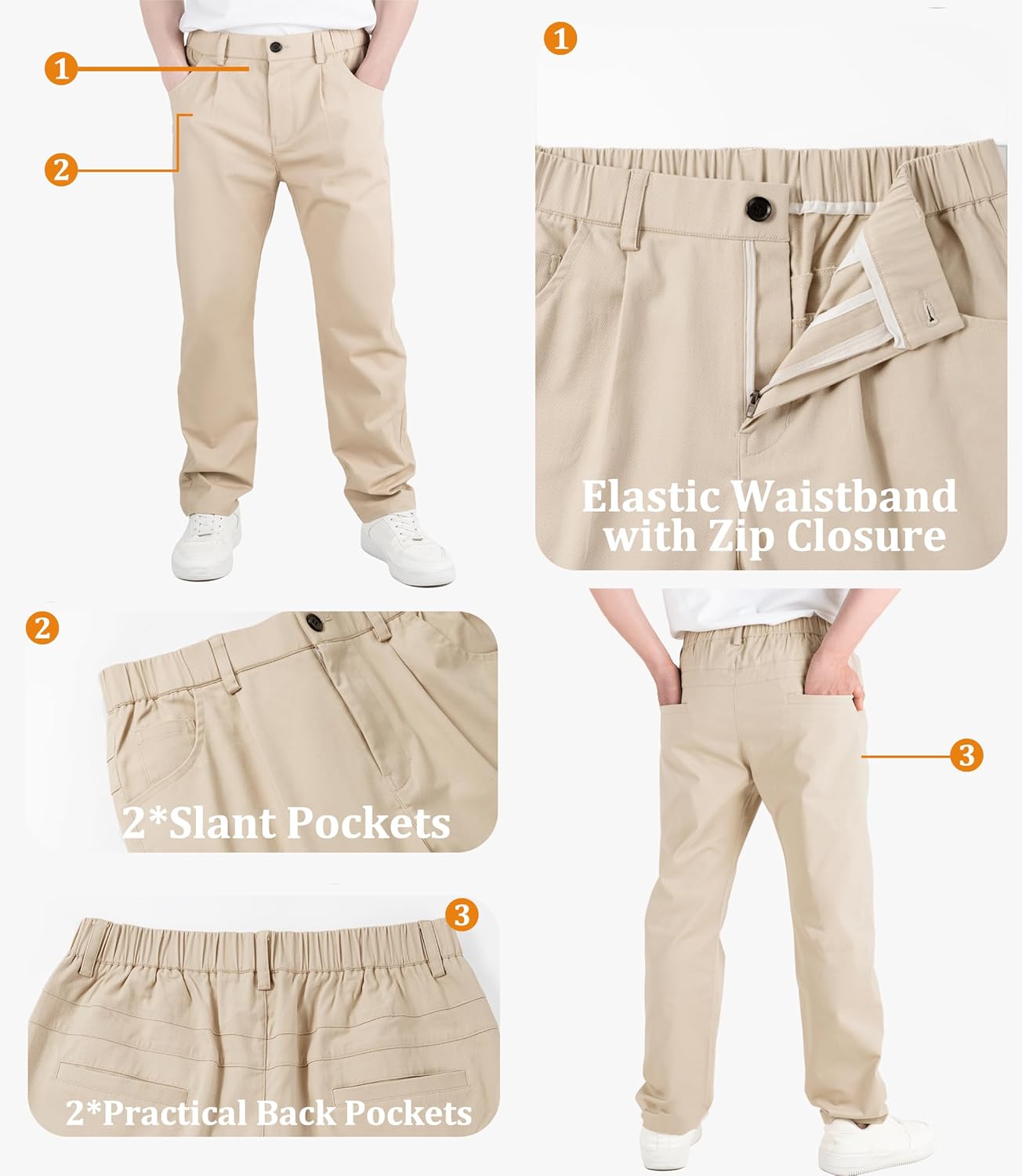 CAMLAKEE Boys' Pleated Dress Pants Kids Elastic Waist Twill Straight Leg School Uniform Pants - Image 4