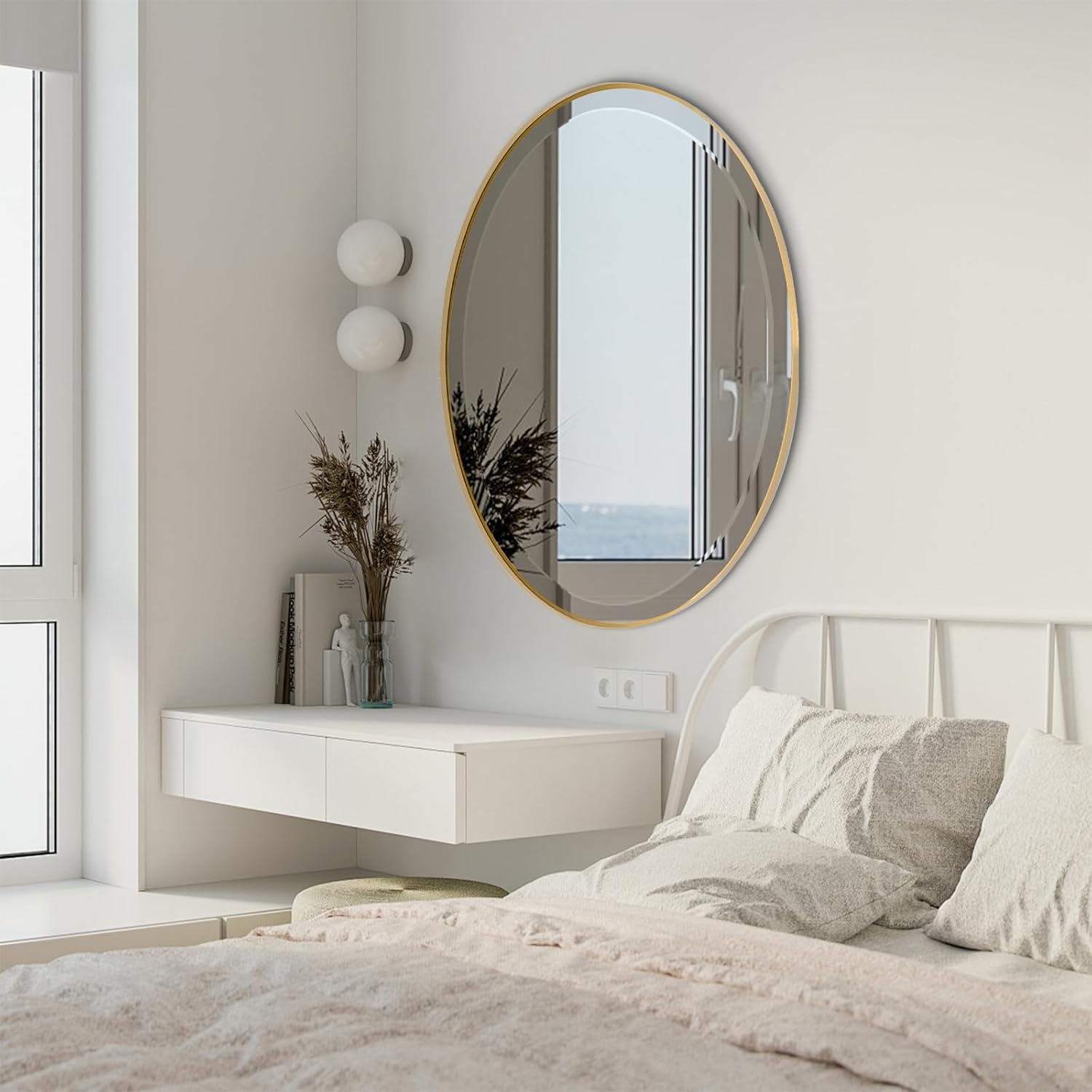 POZINO Oval Beveled Mirrors, 22"x30" Brush Gold Bathroom Vanity Mirror for Over Sink, Stainless Steel Frame Mirrors Modern Wall Mirror for Living Room Bedroom Entryway, Horizontal Or Vertical