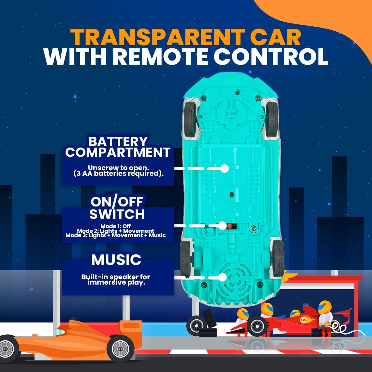Playbees Light-Up Transparent Car with Remote Control, Toys for Autistic Kids Ages 3-5 Sensory Activity for Kids with Autism Special Needs Toys, Bump and Go Toys for Toddlers Music and LED Effects