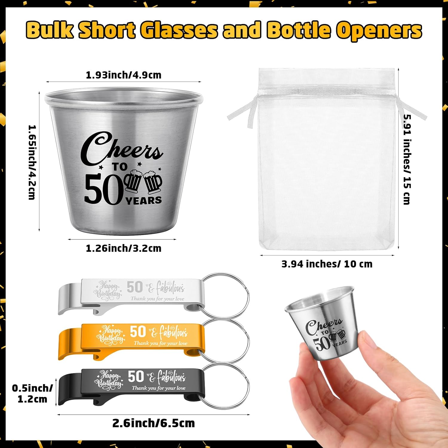 Domensi 30 Sets 50th Birthday Party Favors for Guests Bulk Include Cheers to 50 Years Short Cups Beer Bottle Opener Keychains Thank You Cards with Gift Bags and Ropes for Birthday Party Gifts