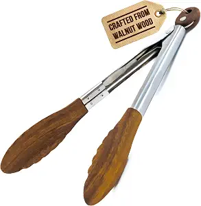 Boxiki Kitchen Wooden Tongs for Cooking - Nonstick Kitchen Salad Tongs for Serving Food, Grilling, Cooking, BBQ and Tossing Salad - Made of Natural Walnut Wood, Size 12-inch
