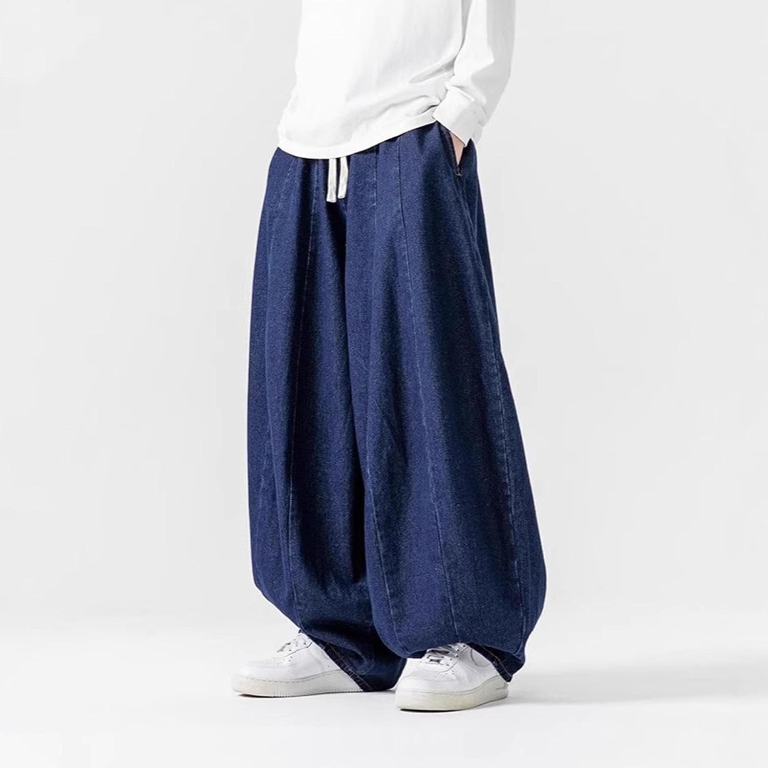 Men's Loose Wide-Leg Drawstring Jeans Casual Baggy Lightweight Trousers Elastic Waist Fit Denim Pants