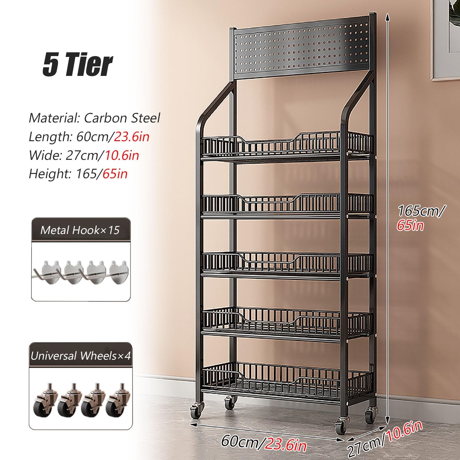półki, Czarny stojak na przekąski podłogę, duży do sprzedaży detalicznej, metalowy drut, słodycze, wózki przechowywania z kółkami(5 Tier 23.6x10.6x65in)
