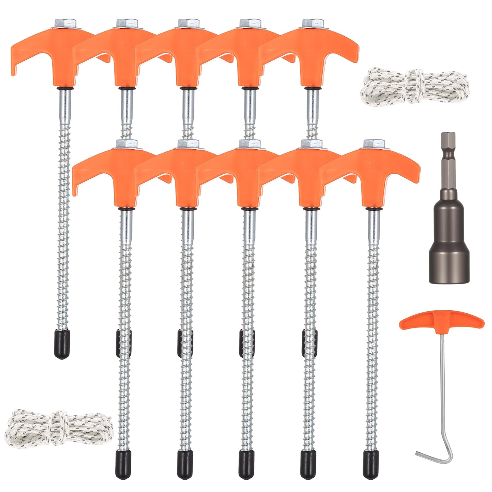 10 Pcs Screw in Tent Pegs Heavy Duty Tent Pegs Metal Heavy Duty Ground Anchors, Rotating Garden Stakes with Thread, Rock Pegss, for Garden Indoor Outdoor Camping Accessories, with Drill Adapter, etc