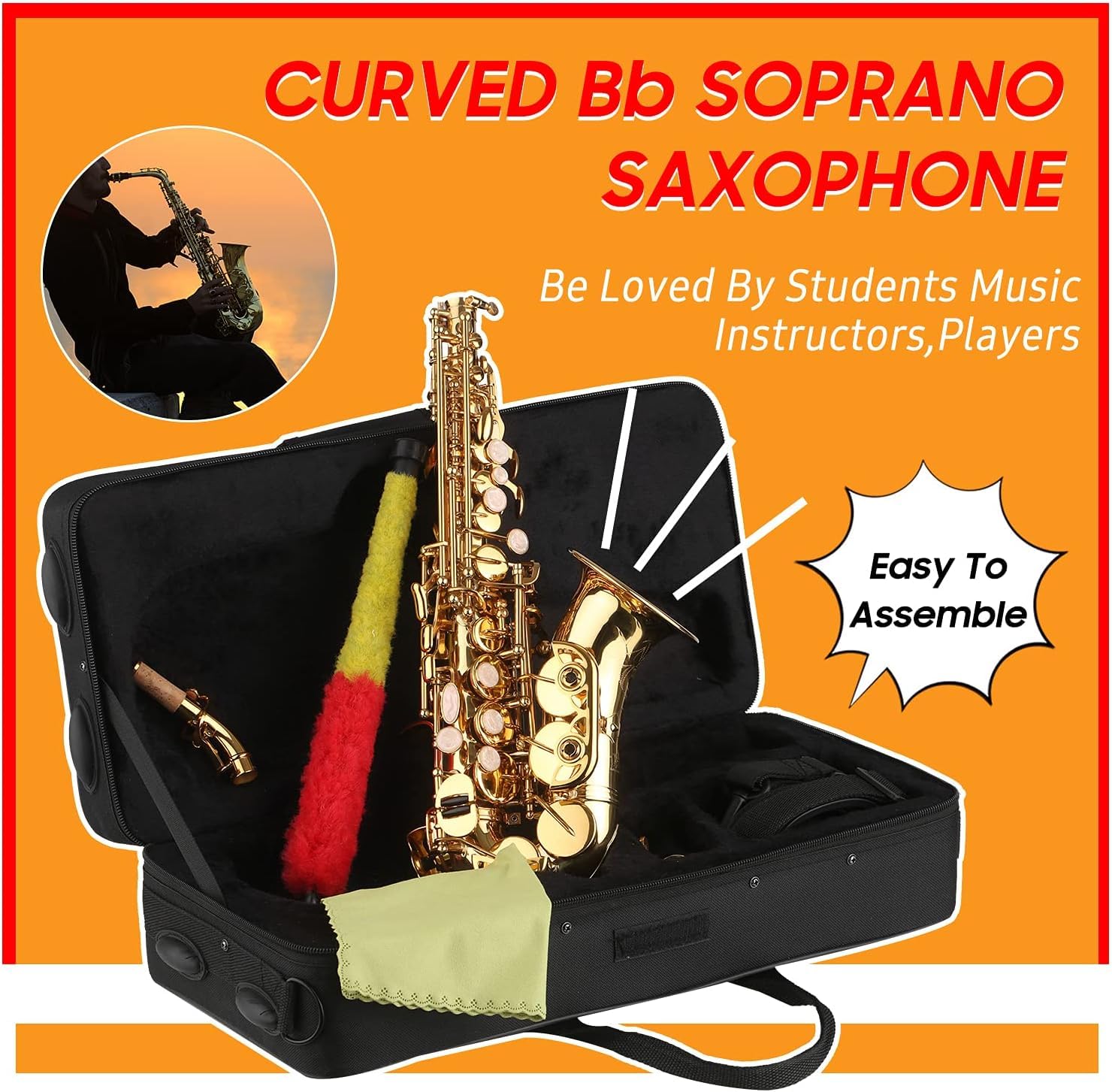 Sassofono, Sassofono Soprano in SIB Lacca Dorata Sax in Ottone con Custodia per Strumento Bocchino Tracolla Panno per Pulizia Spazzola per Musicisti Principianti