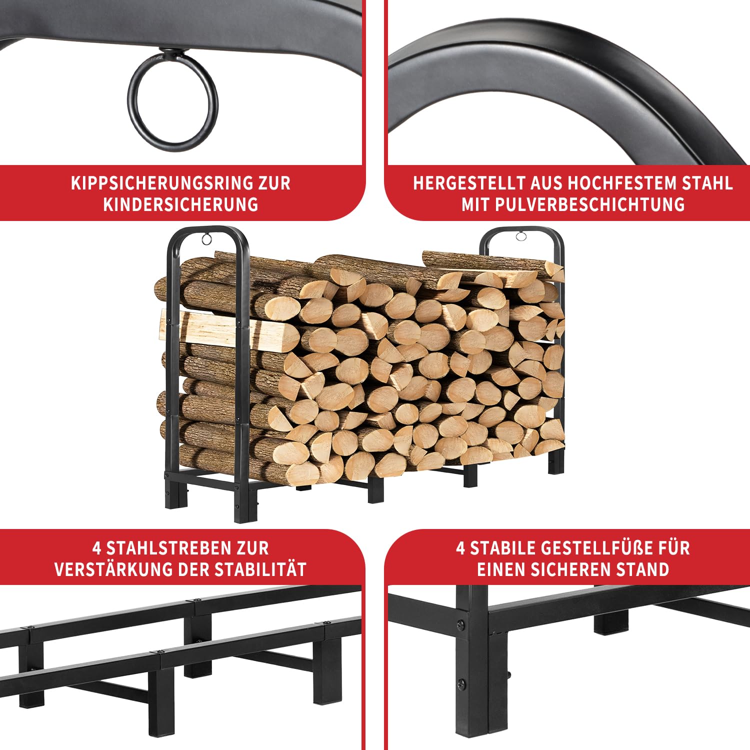 Kendane 4FT Kaminholzregal Aussen Metall Feuerholz Aufbewahrung – Holzlager Außen Wetterfest Brennholzregal Outdoor Außen Garten, Holzregal & Holzunterstand Draußen (122x39.5x100cm,Schwarz)