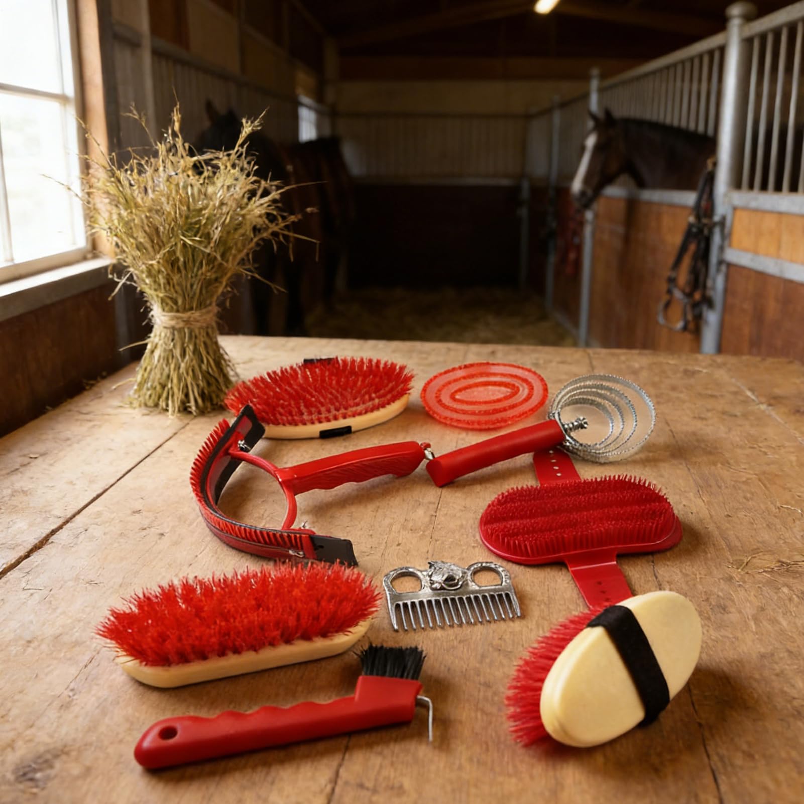 Aseo de caballos de alta calidad, herramienta de limpieza equina, kit de 10 piezas con cerdas suaves, juego de cepillos de madera duradero, cepillo de caballo con mango cómodo, kit de aseo para uso