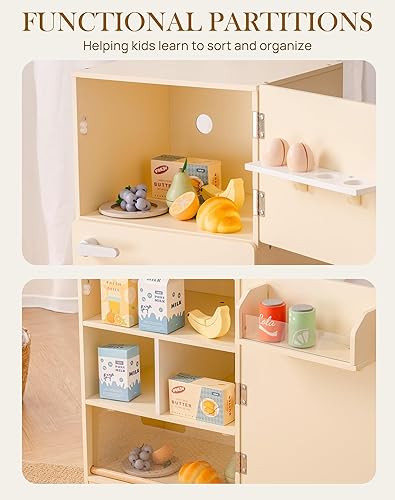 Miniatura 4 de ROBOTIME Juego de cocina de juguete, frigorífico de juguete, freidora de aire de juguete, refrigerador de juguete de madera con accesorios, juego de